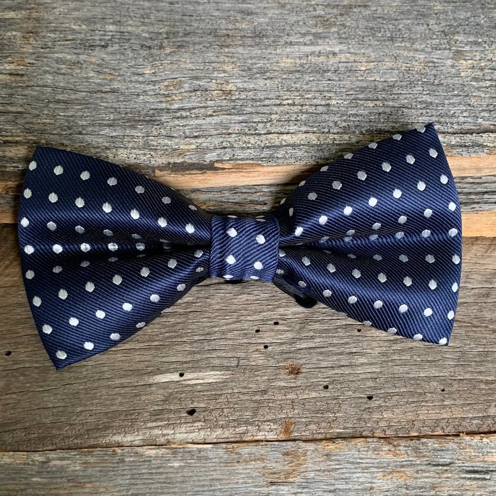Navy Bowtie with White Polka Dots